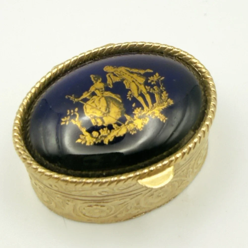 Trinket Pill Box Cobalt Blue Fragonard Courting Couple Gold Tone Oval Hinged